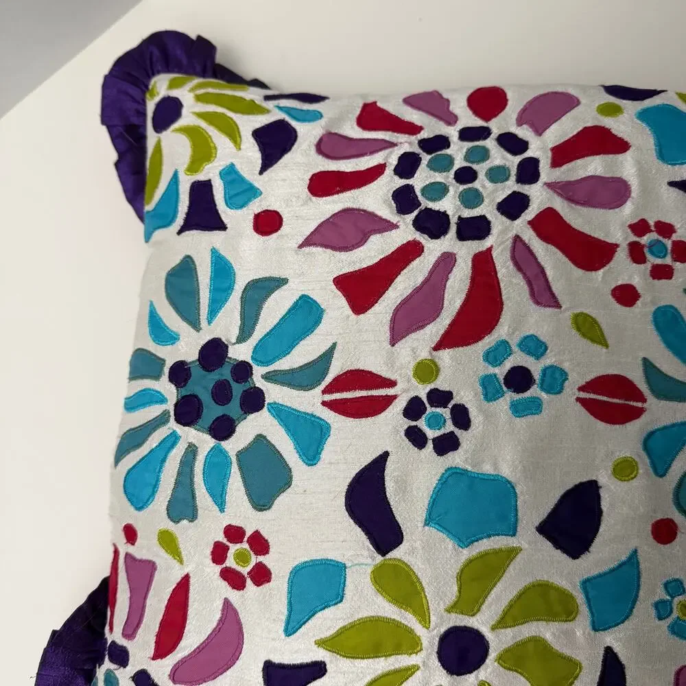 Pier 1 Imports Colorful Floral Applique Throw Pillow Ruffle 15x15 Purple Blue